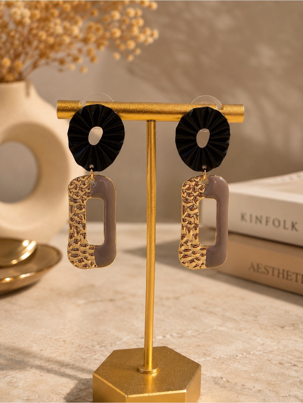 Elegant Black and Taupe Gold Drop Earrings